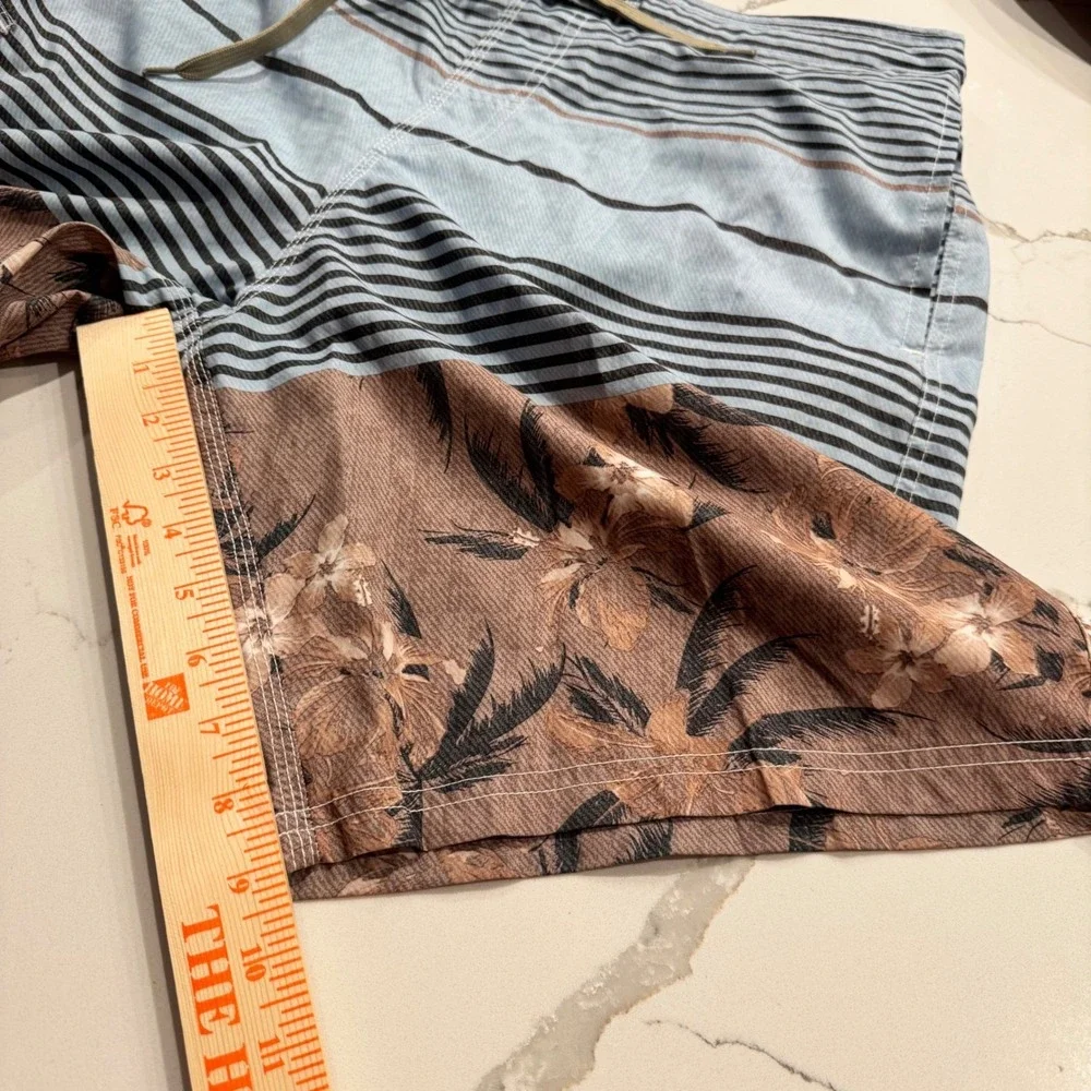 Men's Blue and Brown Floral Stripe Swim Trunks
